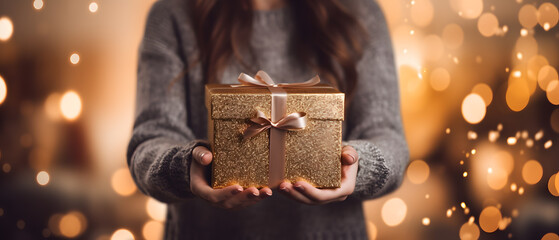 Heartwarming Holiday Gesture Giving Gifts with Bokeh Lights Blur