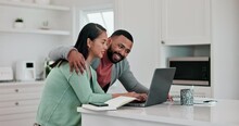 Laptop, Budget Or Planning For Happy Couple In Kitchen With Mortgage Payment Documents, Bills Or Savings. Home Finance, Man Or Woman In Apartment Checking Account, Loan Invoice Or Financial Paperwork