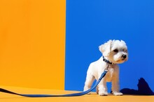 Happy Active Dog In A Blue Pet Collar With Leash In Mouth Ready To Go For Walk. Puppy Waiting For The Owner. Smiling Cute Pet On Orange Background.  Maltese Poodle Breed. Bright Banner With Copy Space