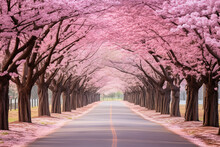 A Scenic Road Enveloped By Cherry Blossom Trees In Full Splendor, Showering Petals With Every Gentle Breeze