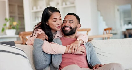 Wall Mural - Couple, conversation and hug in home for love, care and together in happy relationship. Man, woman and embrace with smile for loyalty, commitment and relax to support partner, trust or chat in lounge