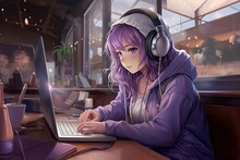 Illustration Of Anime Purple Hair Girl Working On Notebook At Office, Generative Ai