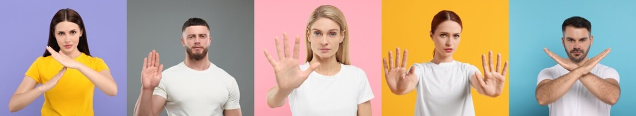 People showing stop and time out gestures on different color backgrounds. Collage with photos