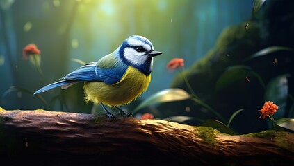 Wall Mural - close up cute sparrow bird on tree branch with blue nature background, Generative Ai