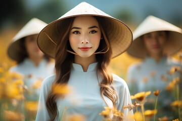 Wall Mural - Beautiful women with traditional Vietnamese culture, Ao Dai is a famous traditional costume, Ho Chi Minh Vietnam wanders the wilderness.