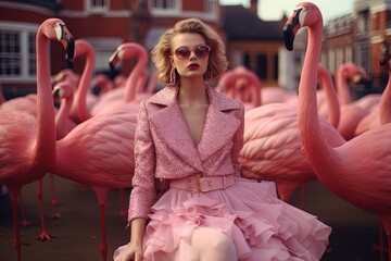 Canvas Print - artistic woman street fashion portrait, woman wearing pink dress walking among flamingo bird flock at urban city street, Generative Ai