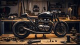 Fototapeta  - Customize an Old School Cafe Racer motorcycle in a home workshop.