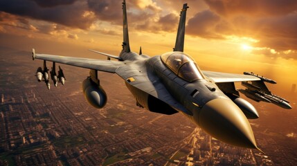 Sticker -  flying over the cities at sunset jet fighter f16 with great speed.