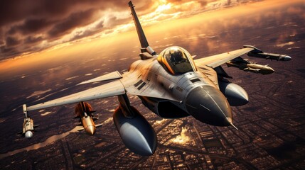 Sticker -  flying over the cities at sunset jet fighter f16 with great speed.