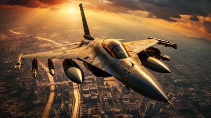 Sticker -  flying over the cities at sunset jet fighter f16 with great speed.