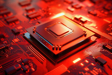 A powerful computer processor or chip on a motherboard. Modern technologies. Red background.