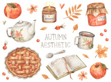 Autumn Aesthetic. Watercolor Hand-drawn Set Of Autumn Illustrations - Apple, Pie, Teapot, Mug, Book, Jam And Candle. Collection Of Isolated Design Elements