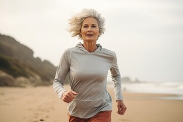 jogging workout. middle aged caucasian woman during jogging workout on the morning beach. be alone w