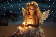 Close Up Portrait Young Angel Girl Sitting On Sandy Beach At Night Time With Light Glow In Her Hand, Generative Ai