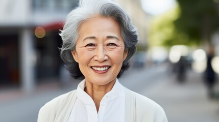 Wall Mural - Smiling elderly woman standing in the city. Happy old Asian grandmother standing outdoors on a summer day. Good looking cheerful Asian senior female outside, in a park, close-up portrait.