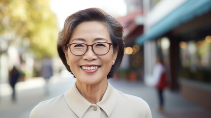 Smiling elderly woman, standing in the city. A happy old Asian grandmother wearing glasses, standing outdoors on a summer day. Good looking cheerful Asian senior female outside, close-up portrait