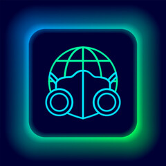 Poster - Glowing neon line Earth globe with medical mask icon isolated on black background. Colorful outline concept. Vector