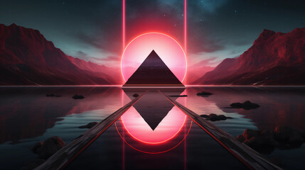 Wall Mural - Abstract neon background with geometric triangle shape, Beautiful frame and extraterrestrial landscape under the night sky and Rocks. Futuristic minimalist wallpaper. Created with Generative AI.