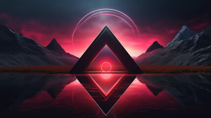 Wall Mural - Abstract neon background with geometric triangle shape, Beautiful frame and extraterrestrial landscape under the night sky and Rocks. Futuristic minimalist wallpaper. Created with Generative AI.