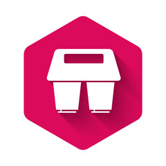 Poster - White Coffee cup to go icon isolated with long shadow. Pink hexagon button. Vector