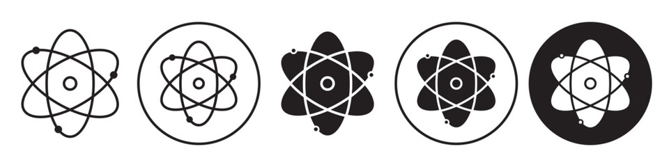 Atom Icon. Nuclear power cell with chemical formula symbol. Vector set of uranium core molecule structure. Flat outline of nucleus electrons and proton biological genetic science. Neutron Flat outline