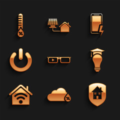 Sticker - Set Smart glasses, Humidity, House under protection, Light bulb and graduation cap, home with wi-fi, Power button, Mobile charging battery and icon. Vector