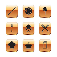 Sticker - Set Knife, Chef hat, Cooking pot, and fork, Fork, Frying pan, Salt pepper and Washing dishes icon. Vector