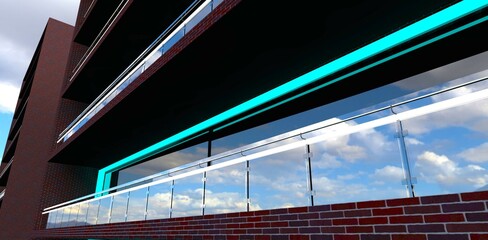 Reflection of clouds in the glass balcony fence of the elite apartment building with red brick facade finishing. 3d rendering.