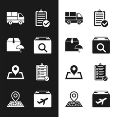 Sticker - Set Search package, Delivery with umbrella, truck boxes, Verification of delivery list, Placeholder map, Plane and cardboard and icon. Vector