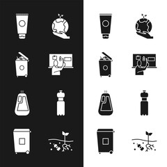 Sticker - Set Stop plastic pollution, Trash can, Cream cosmetic tube, Hand holding Earth globe, Bottle for dishwashing liquid, of water, Problem planet and icon. Vector