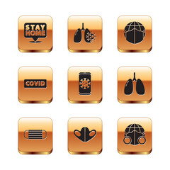 Sticker - Set Stay home, Medical protective mask, Virus statistics on mobile, Corona virus covid-19, Earth with medical, and cells in lung icon. Vector