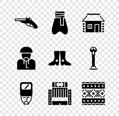 Canvas Print - Set Vintage pistols, Cossack pants, Ukrainian house, cossack, Hotel Ukraina building, ethnic pattern, and footwear icon. Vector