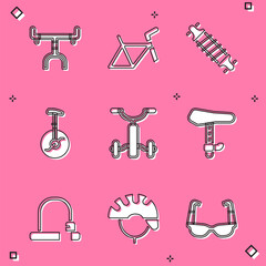 Sticker - Set Bicycle handlebar, frame, suspension, Unicycle or one wheel bicycle, for kids, seat, lock and helmet icon. Vector