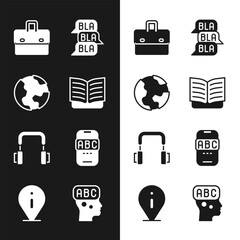 Poster - Set Open book, Earth globe, Briefcase, Speech bubble chat, Headphones, Foreign language online study, Learning foreign languages and Information icon. Vector