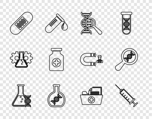 Sticker - Set line DNA research, search, Syringe, Bandage plaster, Medicine bottle, Health record folder and icon. Vector