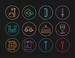 Sticker - Set line Medieval chained mace ball, goblet, bow, Wooden four-wheel cart, Castle, Executioner axe tree block, King crown and iron helmet icon. Vector