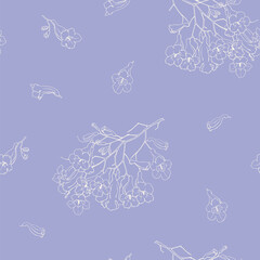 Linear flowers of jacaranda tree on purple backgroun. Vector Seamless pattern. Hand drawn elements. Elegant floral background for design packaging textile wallpaper fabri