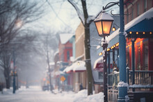 Snow Covered Lamp On Street In Winter Season, Heavy Snow Falling During Chrismas Season, Xmas New Year Eve