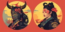 Portraits Of A Samurai Devil Girl. Retro Anime Style Beautiful And Strong Characters. Vector Flat Bright Colors