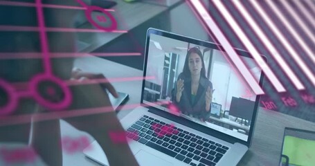 Animation of graphs, globe and computer language, diverse coworkers discussing on video call
