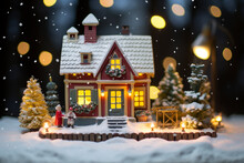 Quintessential Christmas Scene, With Snow Falling Gently Around A Cozy Cottage Adorned With Festive Decorations And Lights