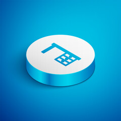 Sticker - Isometric line Office desk icon isolated on blue background. White circle button. Vector