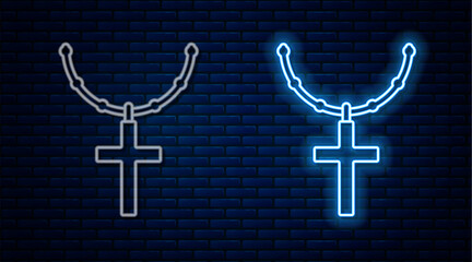 Wall Mural - Glowing neon line Christian cross on chain icon isolated on brick wall background. Church cross. Vector