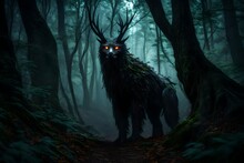 Amidst The Misty Forest, A Pair Of Glowing Eyes Pierce The Darkness, The Elusive Presence Of A Creature Yet To Be Unveiled