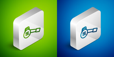 Sticker - Isometric line Leaf garden blower icon isolated on green and blue background. Silver square button. Vector