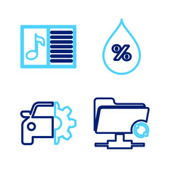 Poster - Set line FTP sync refresh, Car service, Water drop percentage and Music book with note icon. Vector