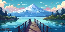 A Lakeside Walkway With Beautiful Mountain Scenery In The Background In Anime Style Vector