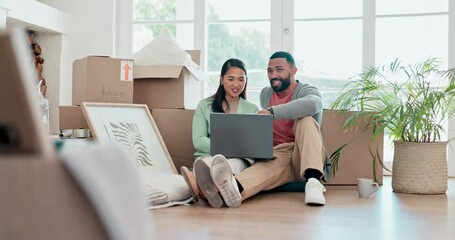 Wall Mural - Happy couple, boxes and laptop in new home, property or investment together on living room floor. Excited man or woman smile, thinking or idea in house renovation, relocation or real estate apartment