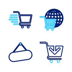 Sticker - Set line Add to Shopping cart, Signboard hanging, with globe and icon. Vector