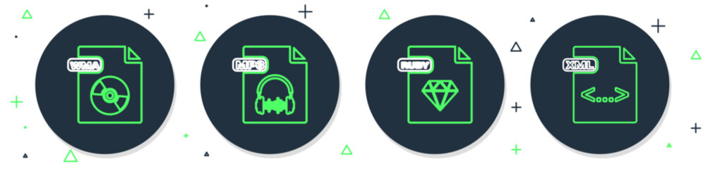 Set line MP3 file document, RUBY, WMA and XML icon. Vector
